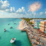 "Aerial view of Key West in July showing turquoise waters, white beaches, colorful Victorian buildings along Duval Street, bustling pier, Hemingway look-alike contest, waterfront cafes with key lime pies and tropical drinks, and fireworks over the ocean"