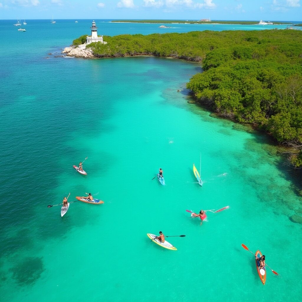 Aerial view of paddleboarders in a clear turquoise lagoon surrounded by mangroves in Key West, with lighthouse and anchored sailboats in the distance