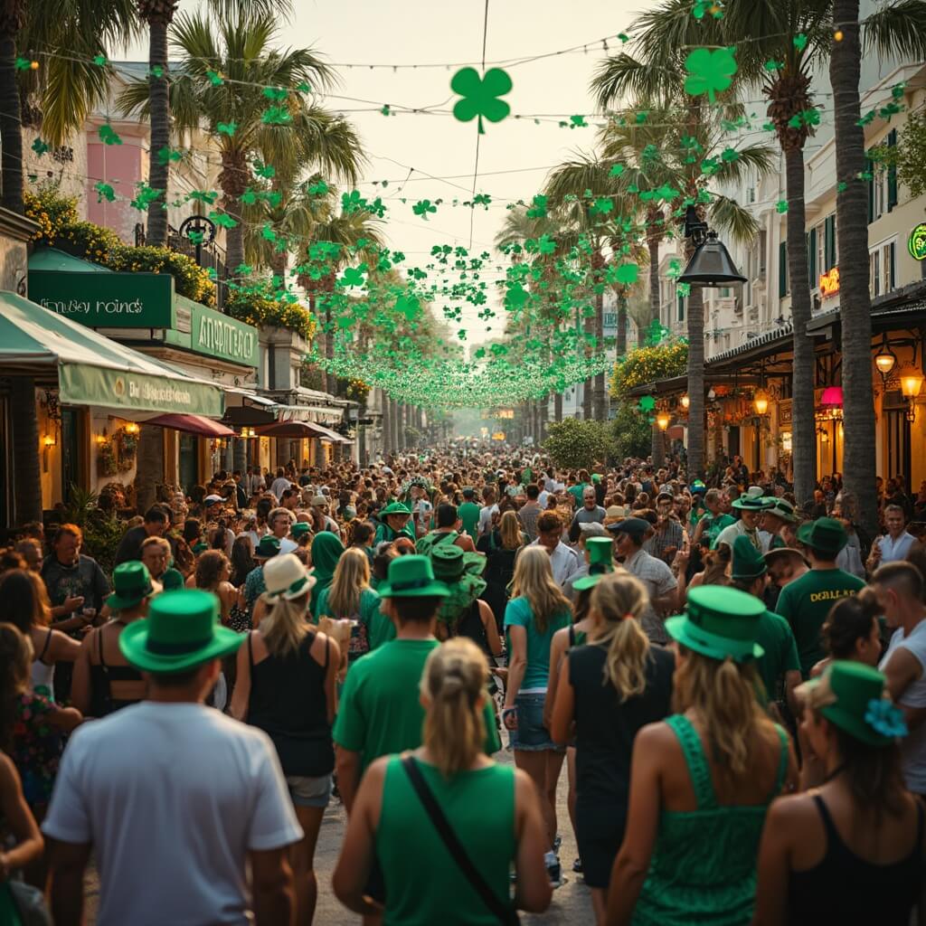St. Patrick's Day celebration on Duval Street in Key West, with crowds in green attire, green street decorations, live music stages, and packed outdoor bart and restaurant seating areas.