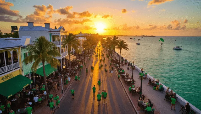 "Aerial view of bustling Duval Street during St. Patrick's Day celebration in Key West at sunset, showing locals and tourists in festive green, palm trees, string lights, Victorian architecture, and the Gulf of Mexico with Southernmost Point buoy in the background."