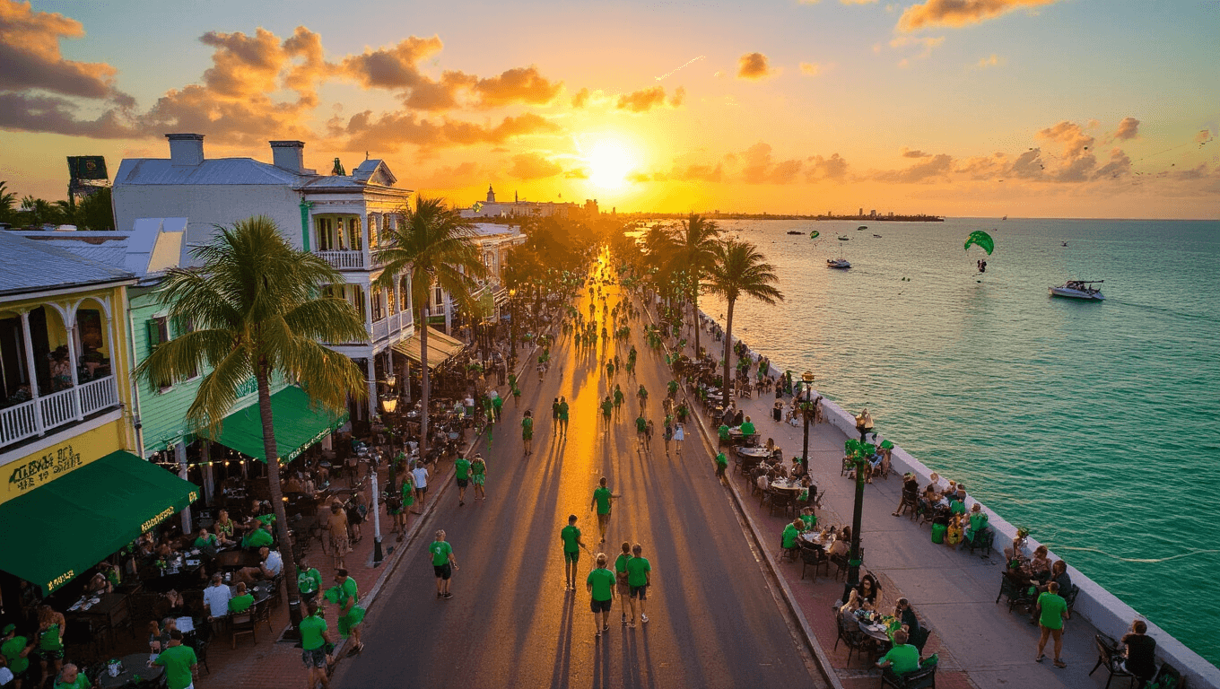 "Aerial view of bustling Duval Street during St. Patrick's Day celebration in Key West at sunset, showing locals and tourists in festive green, palm trees, string lights, Victorian architecture, and the Gulf of Mexico with Southernmost Point buoy in the background."