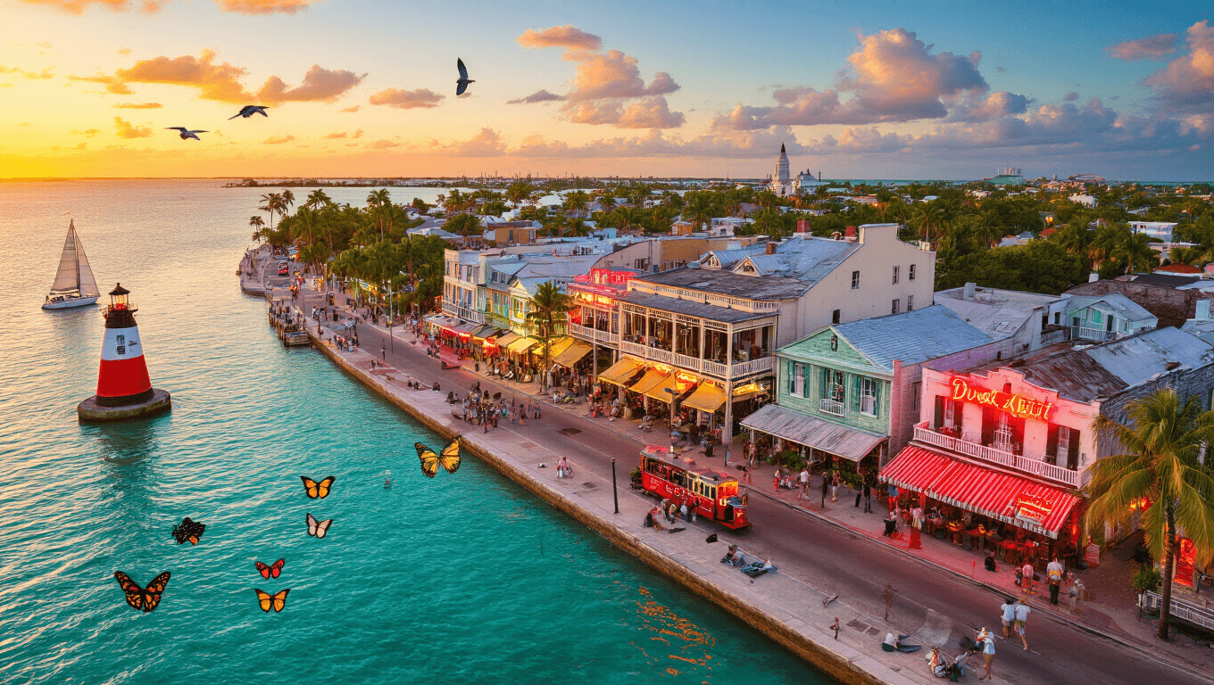 "Aerial view of Key West featuring turquoise waters, white sandy beaches, colorful houses, palm trees, Southernmost Point buoy, and visible coral reefs during late afternoon golden hour"