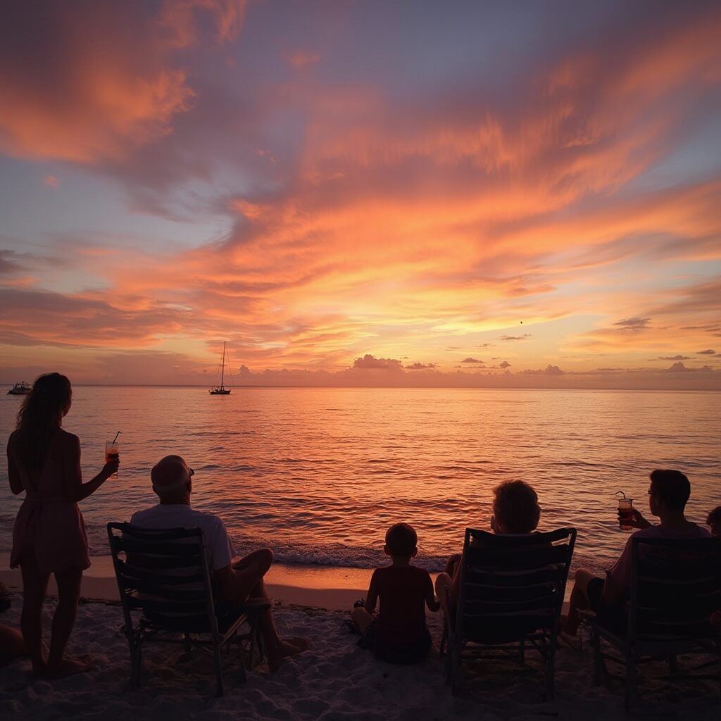 Group of people admiring vibrant sunset with sailboat silhouette over calm Key West waters in September