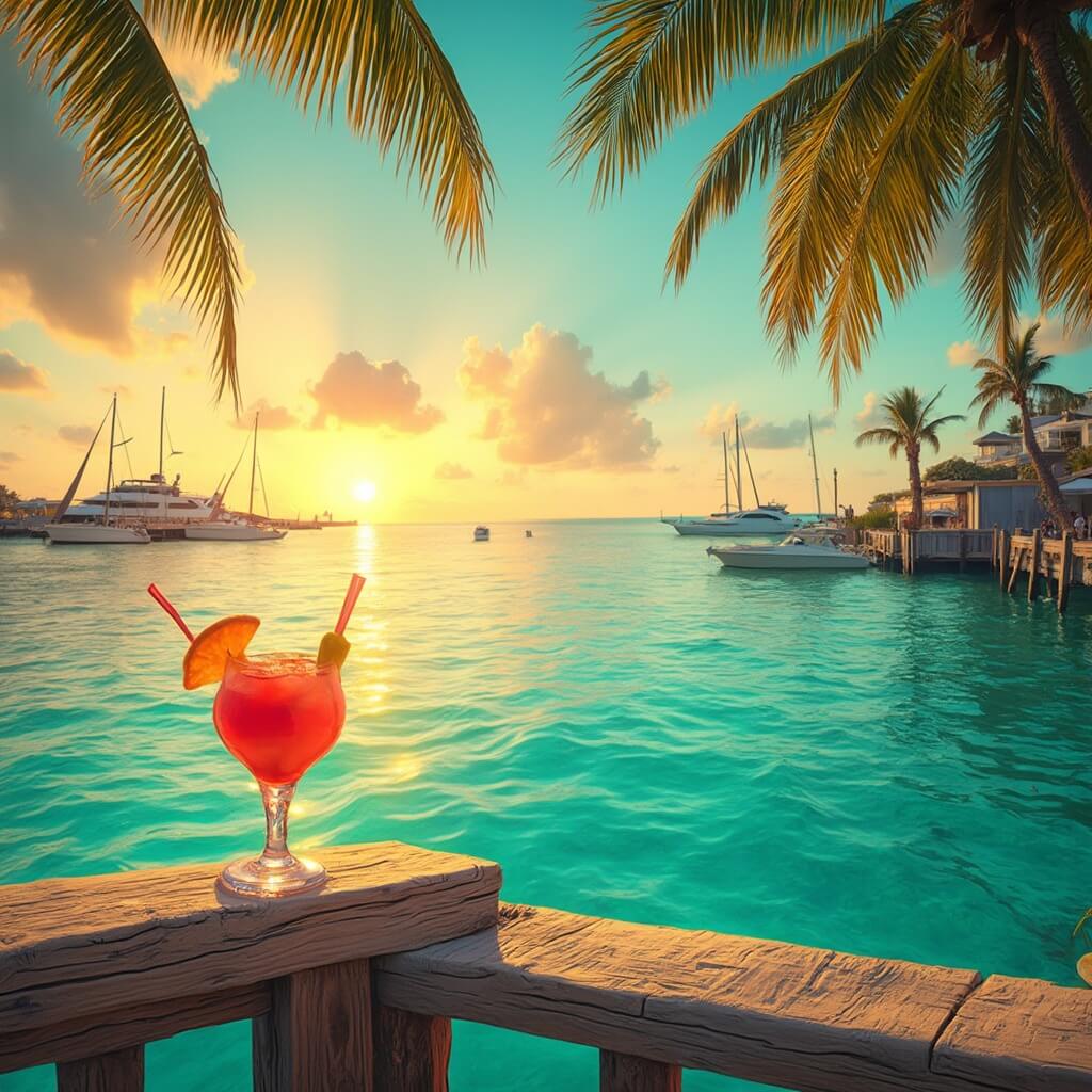 Sunset over a sun-drenched dock in Key West with clear turquoise waters, swaying palm trees, a colorful cocktail on a wooden railing and sailboats on the horizon, encapsulating a laid-back tropical paradise