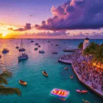 "Key West's historic waterfront with Mallory Square, sailboats, and waterfront restaurant at sunset"