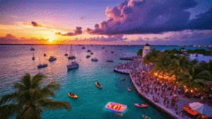 "Key West's historic waterfront with Mallory Square, sailboats, and waterfront restaurant at sunset"