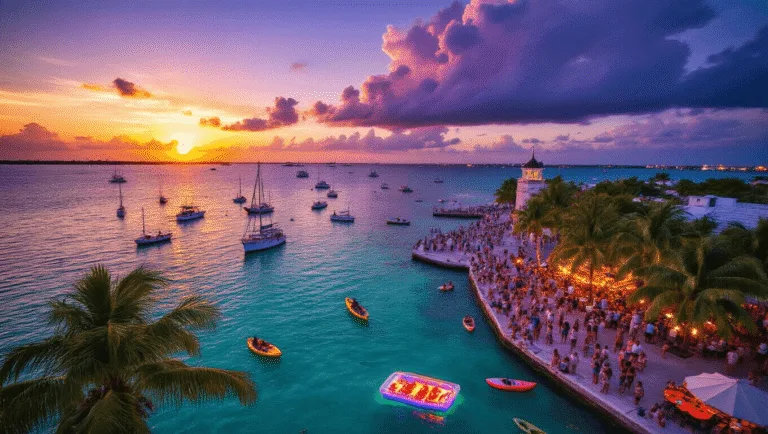 "Key West's historic waterfront with Mallory Square, sailboats, and waterfront restaurant at sunset"