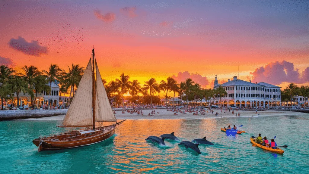 "Sailboat and dolphins in turquoise waters at Mallory Square, Key West, with a vibrant sunset, palm trees, historic Duval Street architecture, and beachgoers in the background"