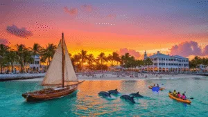 "Sailboat and dolphins in turquoise waters at Mallory Square, Key West, with a vibrant sunset, palm trees, historic Duval Street architecture, and beachgoers in the background"