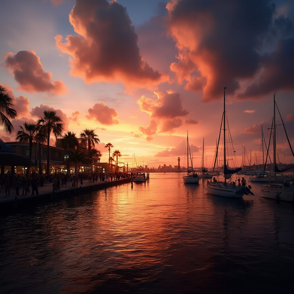 Vivid sunset over Mallory Square in Key West with palm tree and sailboat silhouettes, colorful sky reflecting on water, and crowded waterfront with street performers and tourists