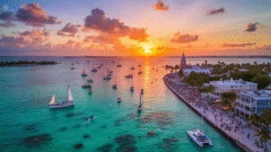 "Aerial view of Key West at sunset showcasing the historic harbor, Mallory Square, Duval Street, and vibrant sea life in turquoise waters during October's Fantasy Fest"