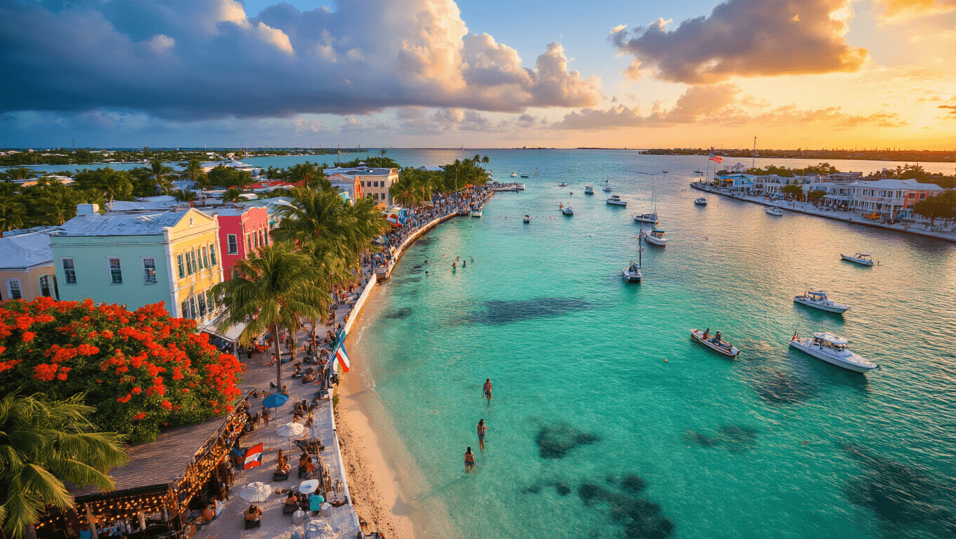 "Aerial view of Key West at sunset with turquoise waters, colorful buildings, blossoming Royal Poinciana trees, snorkelers near coral reefs, boats in the harbor, pride flags on Duval Street, and beach bar with string lights and palm trees under forming rain clouds."