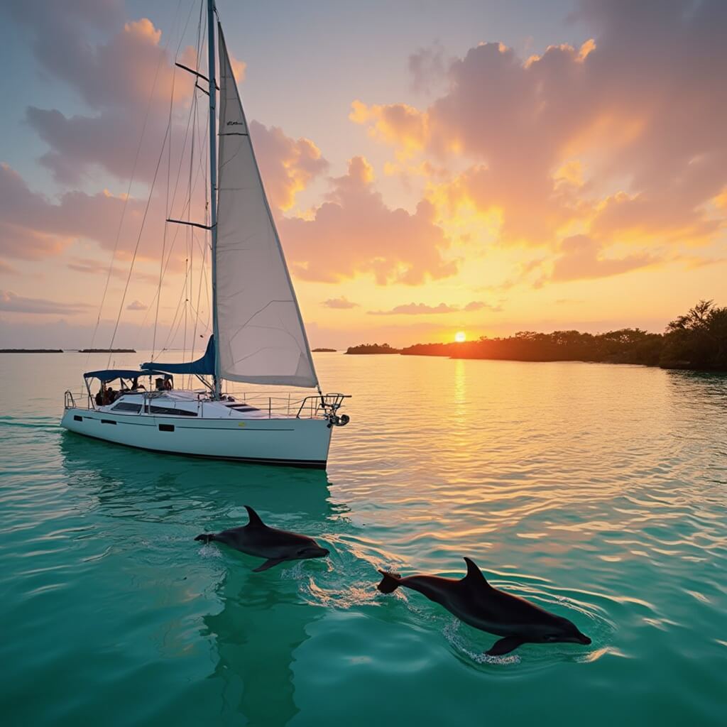 Sailboat sailing in serene sunset by Key West, with leaping dolphins, mangrove islands silhouette and vibrant sky colors