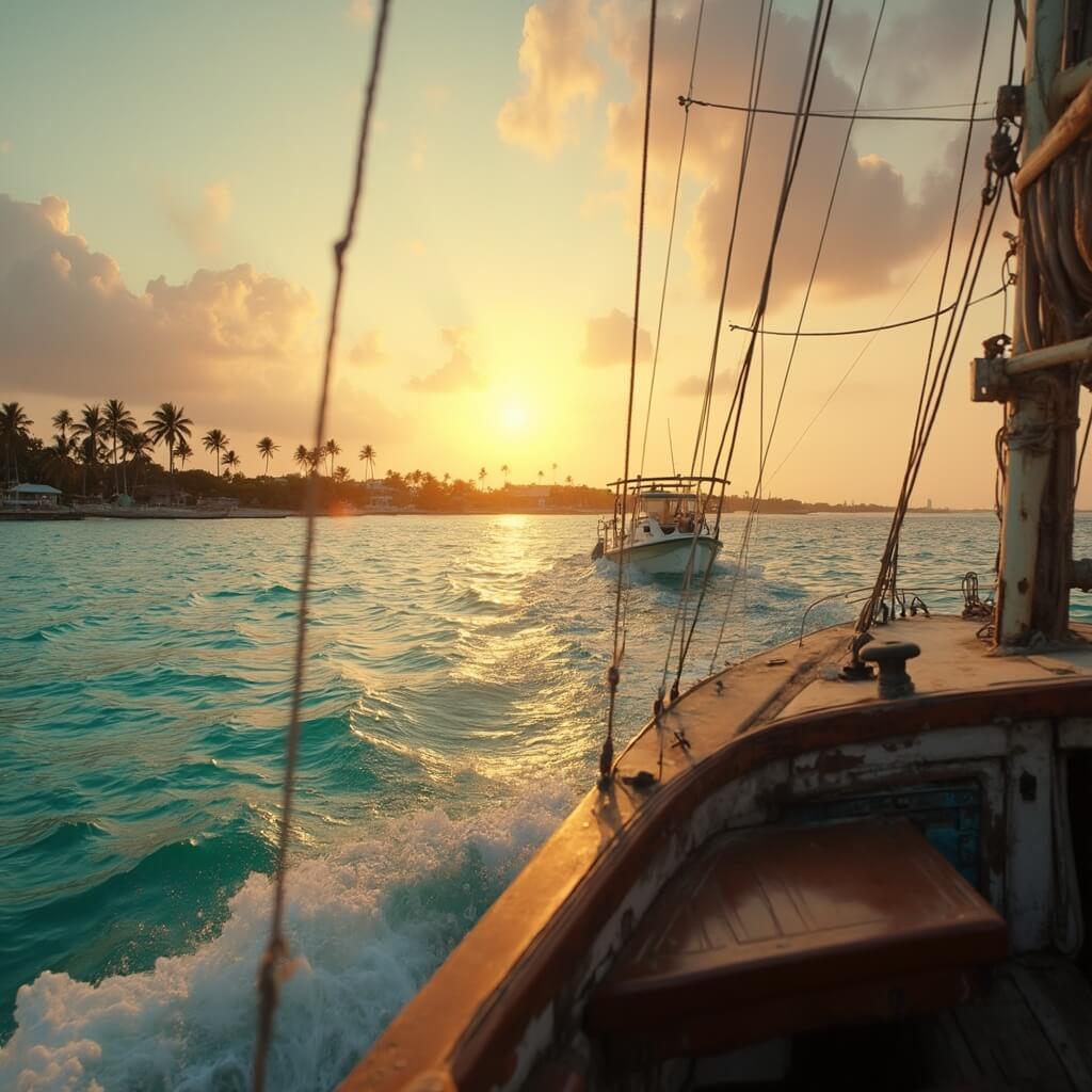 Small boat sailing in serene Key West sunset, palm trees silhouetted on distant shoreline, under warm golden light
