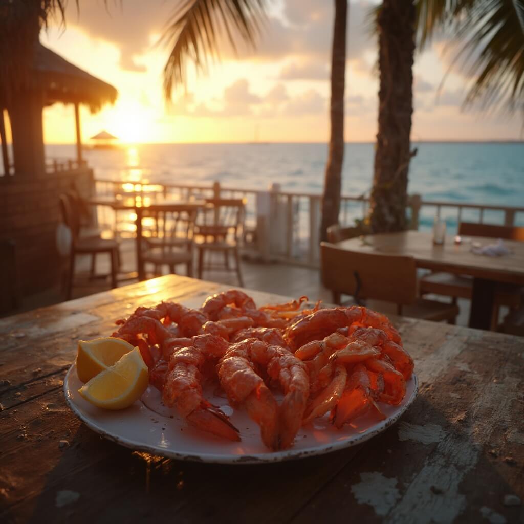 Overhead view of stone crab claws on a rustic table at a waterfront restaurant in Key West during sunset, with a tropical ocean in the background