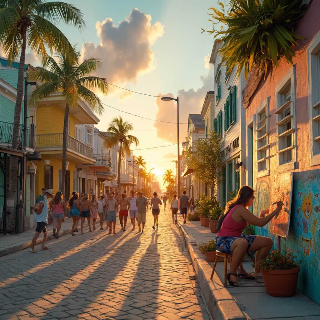Local artist painting a mural on a building wall during sunset in a vibrant Key West street lined with historic pastel-colored conch houses and palm trees, with tourists strolling on the sidewalk.
