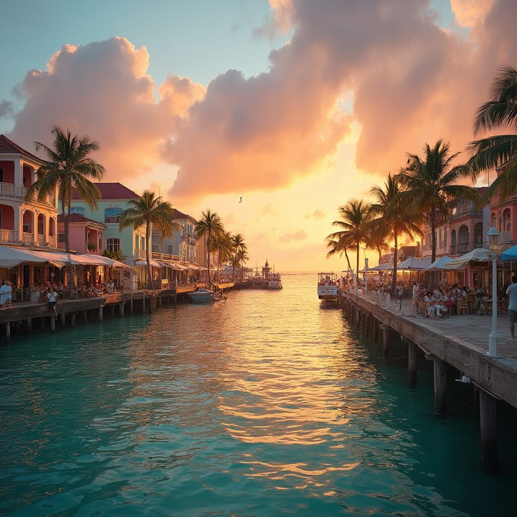 Panoramic sunset view of tranquil Key West waterfront with historic buildings, silhouetted palm trees and reflection in calm turquoise waters