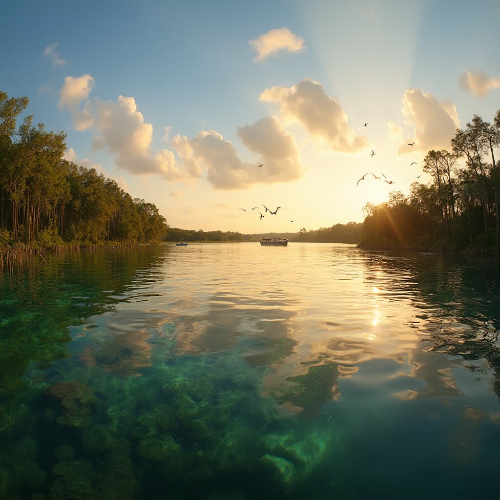 Lake Dora at golden hour with a clear water reflection of Florida sky, lush green shoreline with cypress trees, a distant pontoon boat, and birds in flight