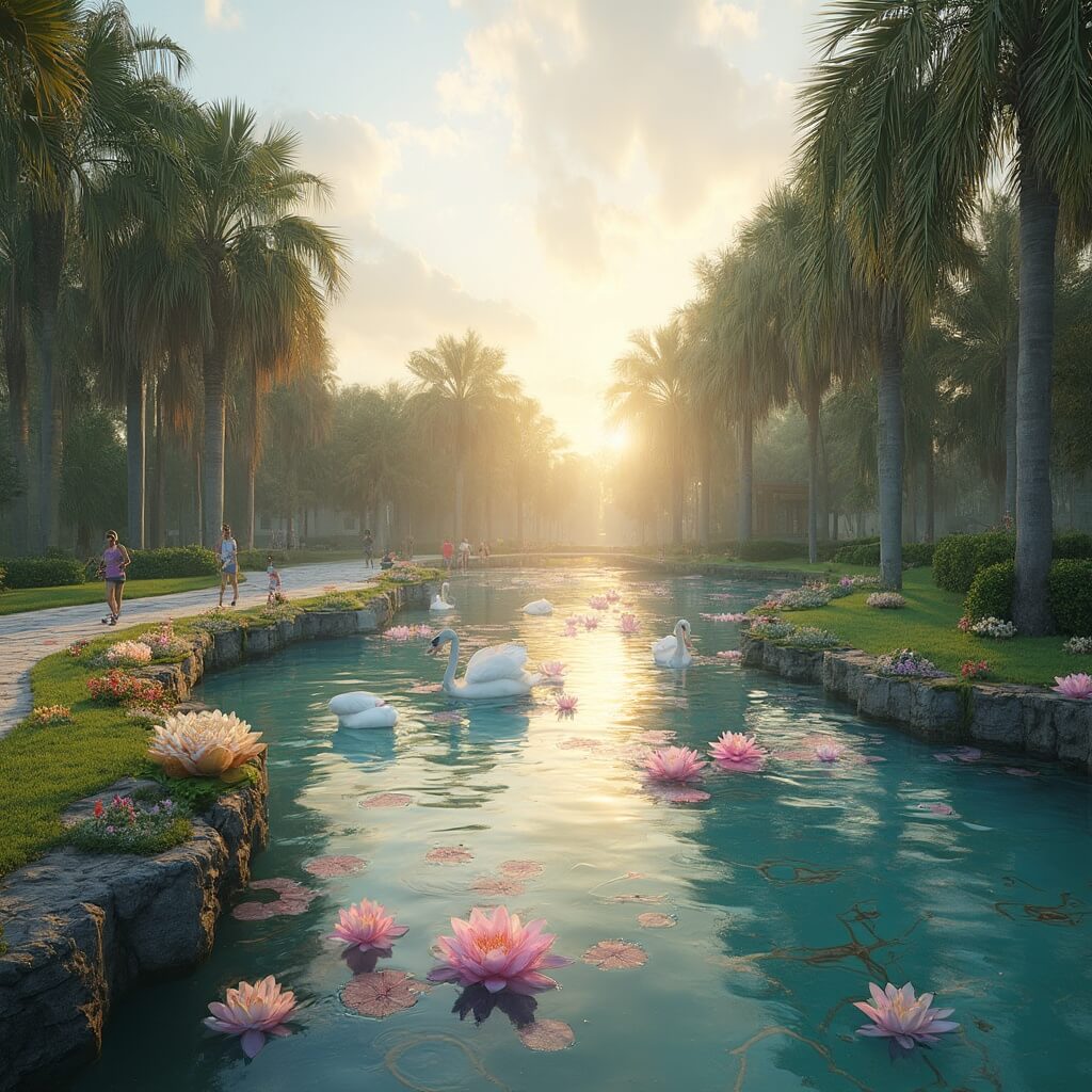 Photorealistic image of a peaceful May morning at Lake Eola Park with a clear lake, palm trees, water lilies, swans, and joggers at sunrise.