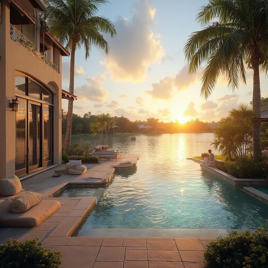 Mediterranean-style villa with infinity pool and palm trees at sunset near Lake Nona, Orlando