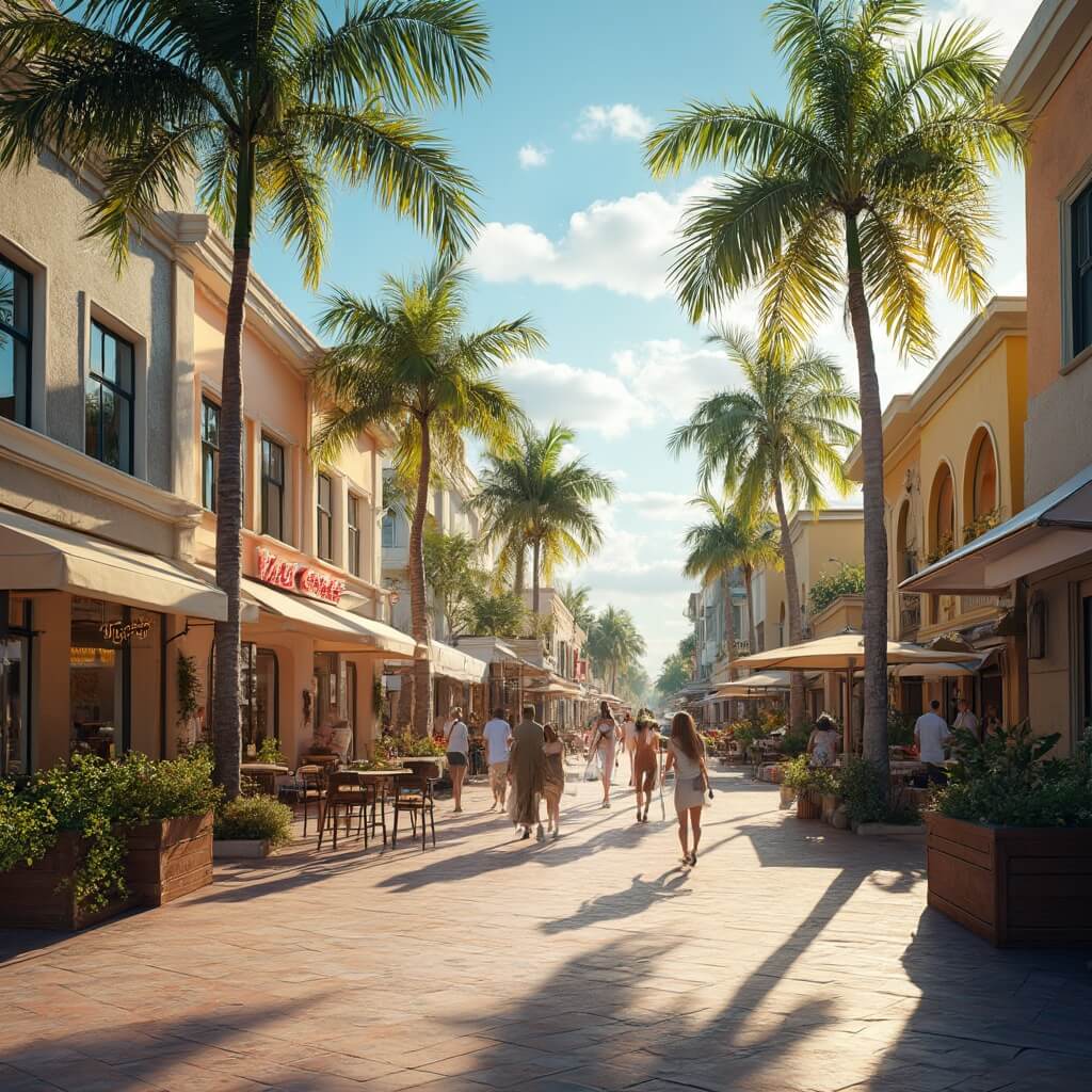 Vibrant scene of Las Olas Boulevard featuring boutique storefronts, tropical landscaping, outdoor cafes, people walking, sunlight through palm trees, and diverse architecture in warm golden hour light
