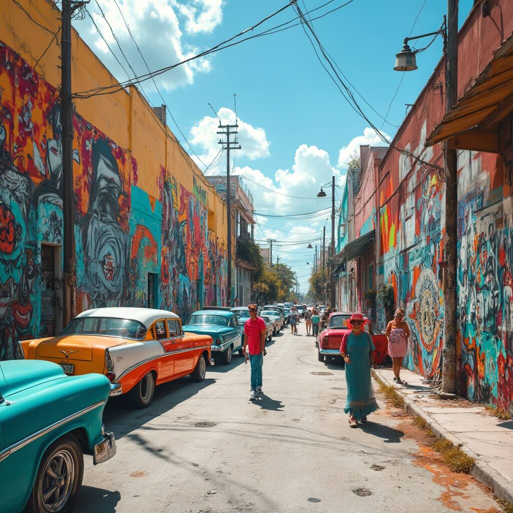 Colorful street murals by local artists in Leah Arts District, vintage cars parked nearby, highlighting vibrant Cuban-American culture under bright midday sunlight in a hyper-realistic documentary photography style.