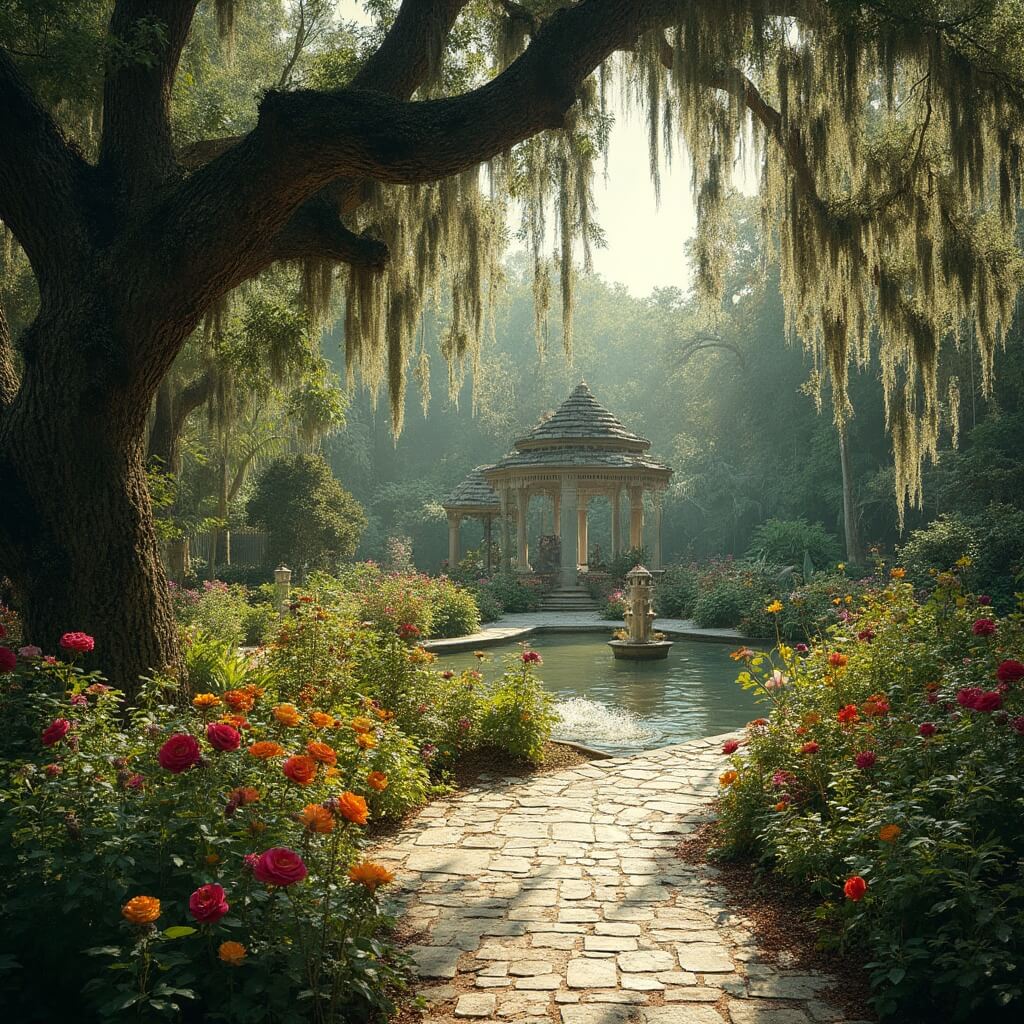 Sunny afternoon at Harry P. Leu Gardens with massive oak trees, stone pathway, koi pond, vibrant flowers, Victorian gazebo, and butterfly gardens