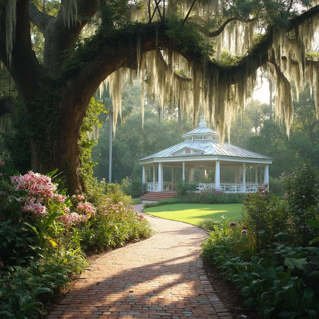 Winding brick pathway through lush tropical foliage with blooming orchids and azaleas, ancient oaks with Spanish moss and morning sunlight creating shadows at Harry P. Leu Gardens with a white gazebo in the background, photorealistic style