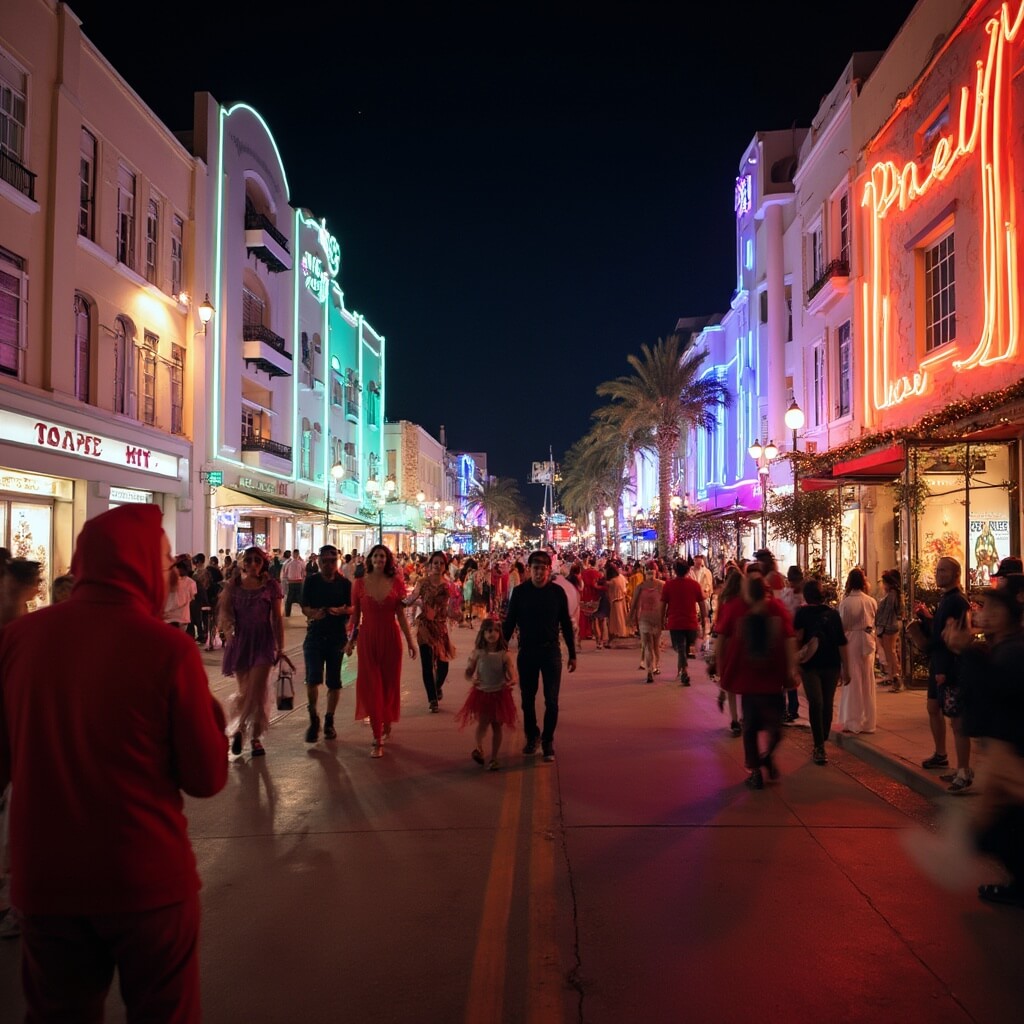 Halloween Extravaganza on Lincoln Road with illuminated Art Deco buildings, costumed revelers, and lively street performers.