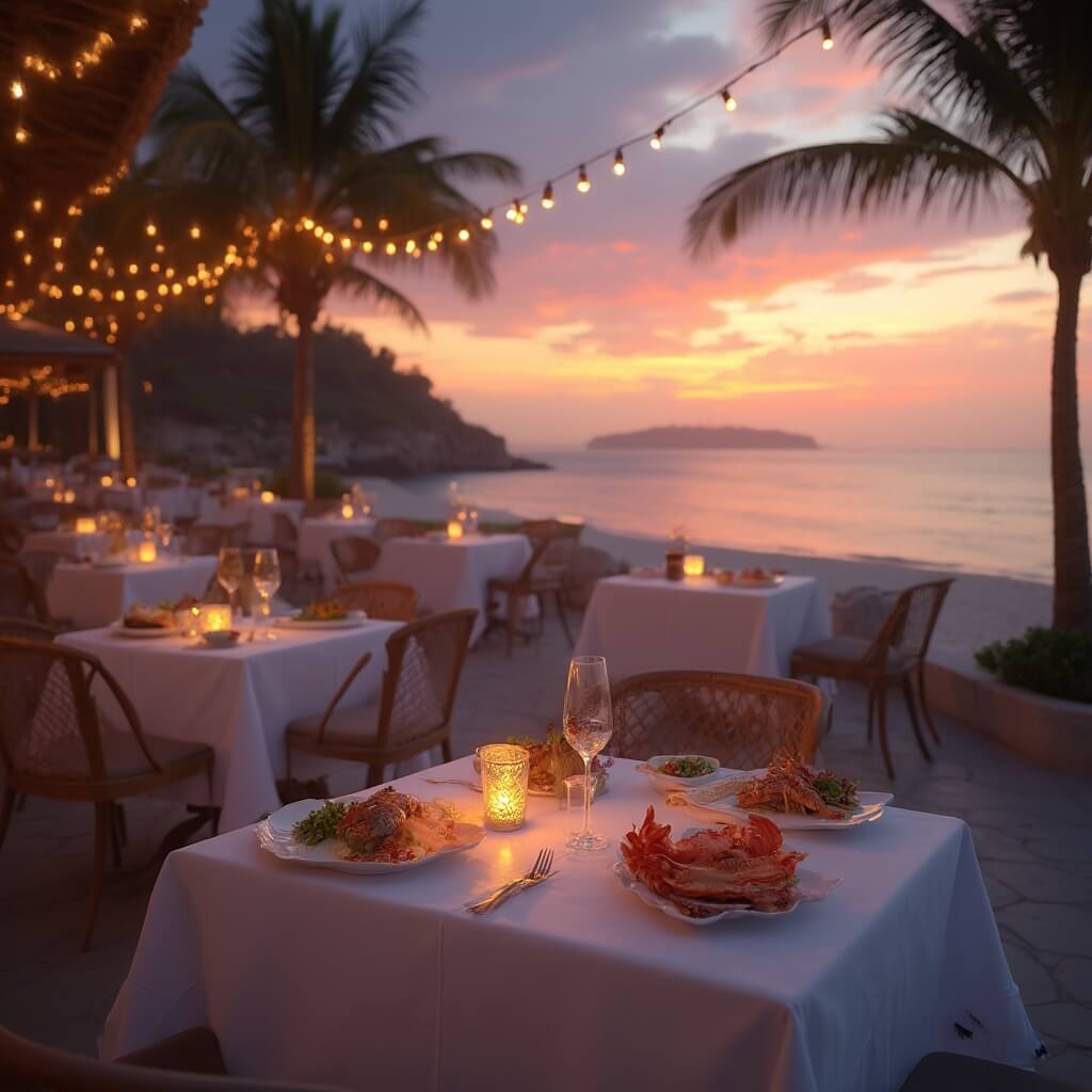 Elegant waterfront restaurant terrace at sunset with candlelit tables, artfully plated seafood featuring grouper and stone crab, set against a backdrop of a pristine beach, gently swaying palm trees, and a vibrantly orange and purple sky.
