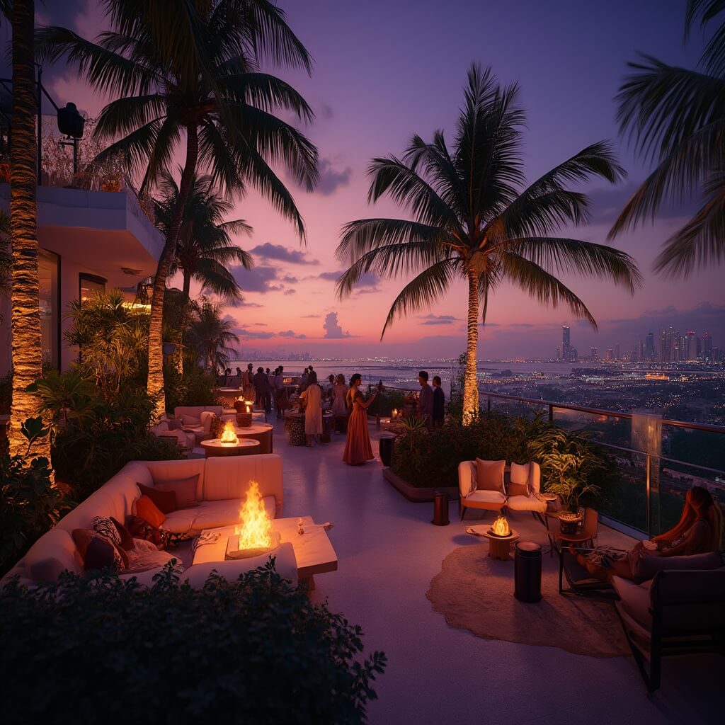 Luxurious rooftop lounge in Fort Lauderdale at sunset with sleek furniture, ambient lighting, fire pits, palm trees, towering skyline, and crowd enjoying cocktails