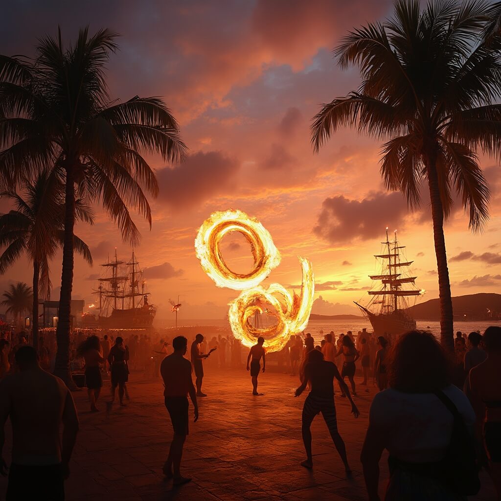 Street performers, artists, and crowds at Mallory Square during golden hour, with historic sailing ships silhouetted against a vibrant twilight sky.