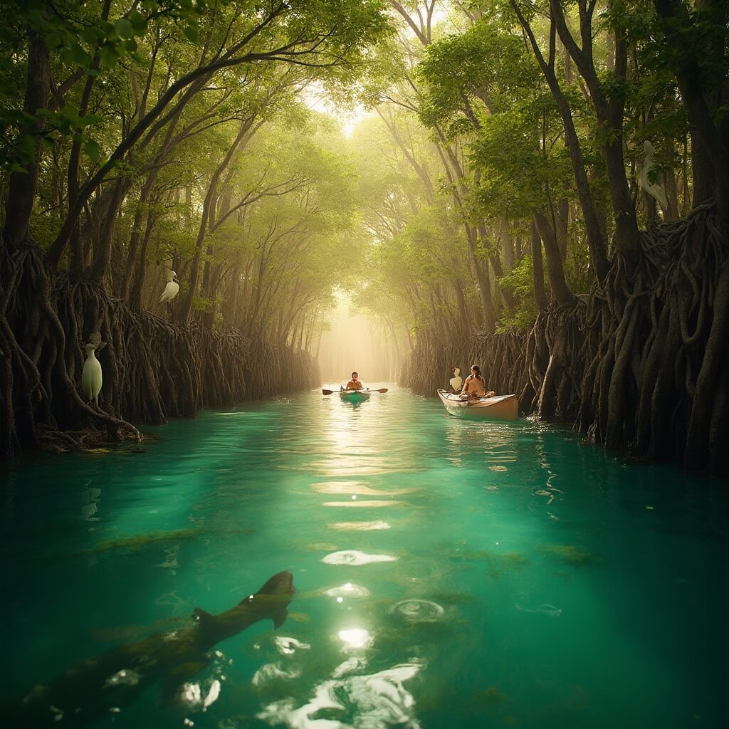 Kayaking in a mangrove tunnel during golden hour with sunlight filtering through the canopy, dolphin surfacing nearby, ibises on roots, and underwater view of sea grass and limestone formations
