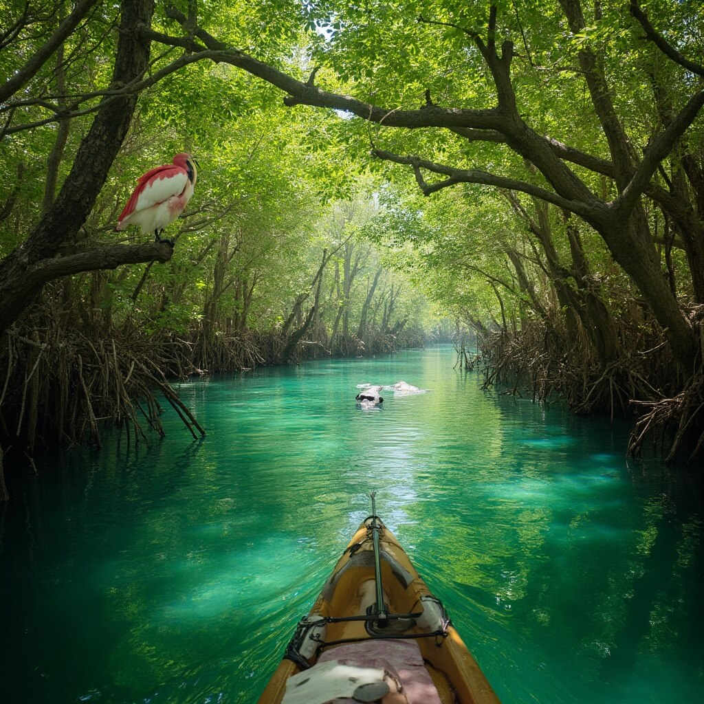 Lone kayaker navigating through green mangrove tunnels with a spoonbill bird perched on a branch and a manatee surfacing in the distance