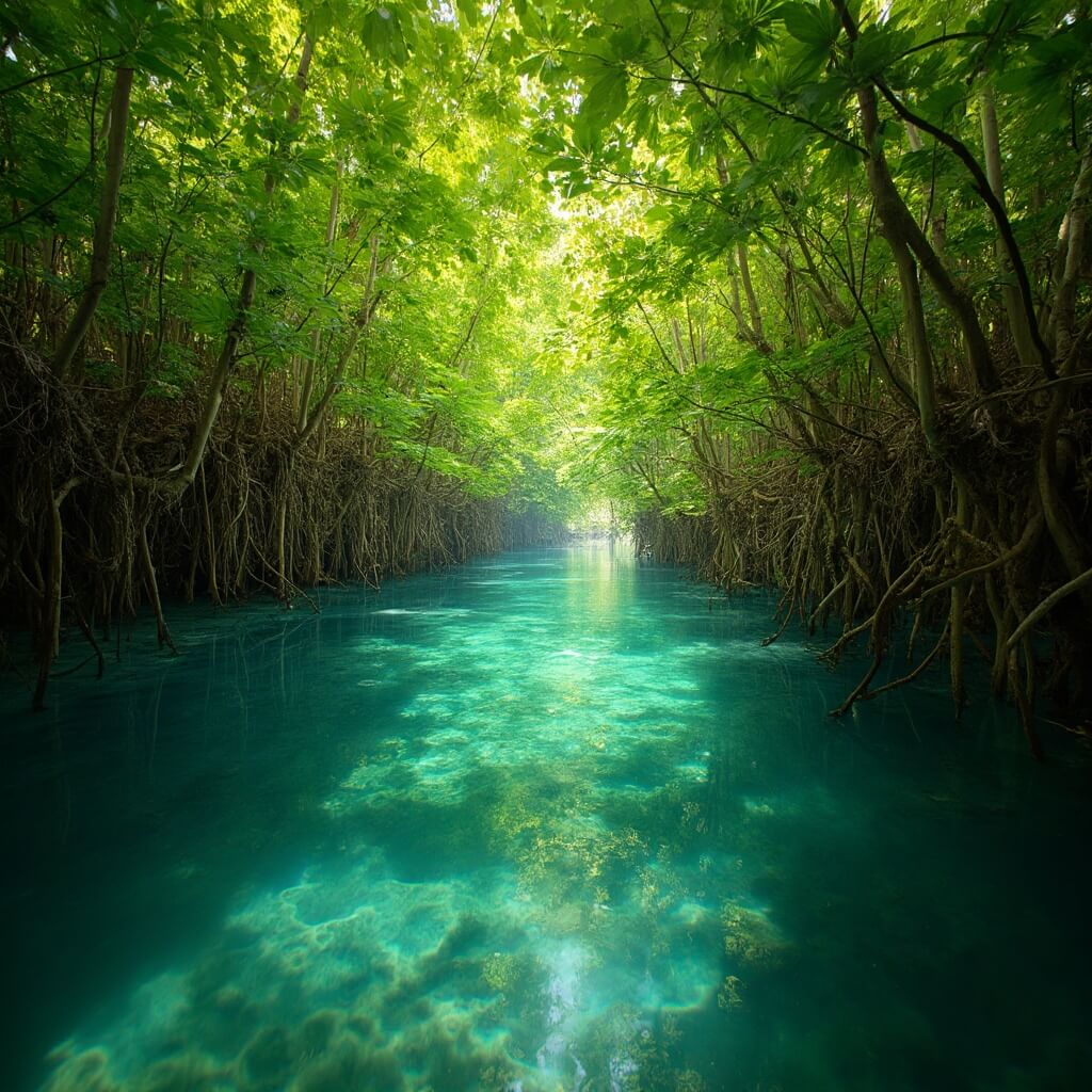 Lush mangrove tunnel in the Florida Keys with sunlight filtering through dense foliage and intricate root systems visible in crystal clear water