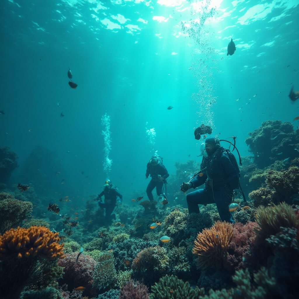 Key West in June: Your Ultimate Tropical Paradise Guide Marine biologists transplanting coral fragments in a detailed underwater ecosystem amid tropical fish and marine life, under the sunlight filtering through the crystal clear turquoise waters