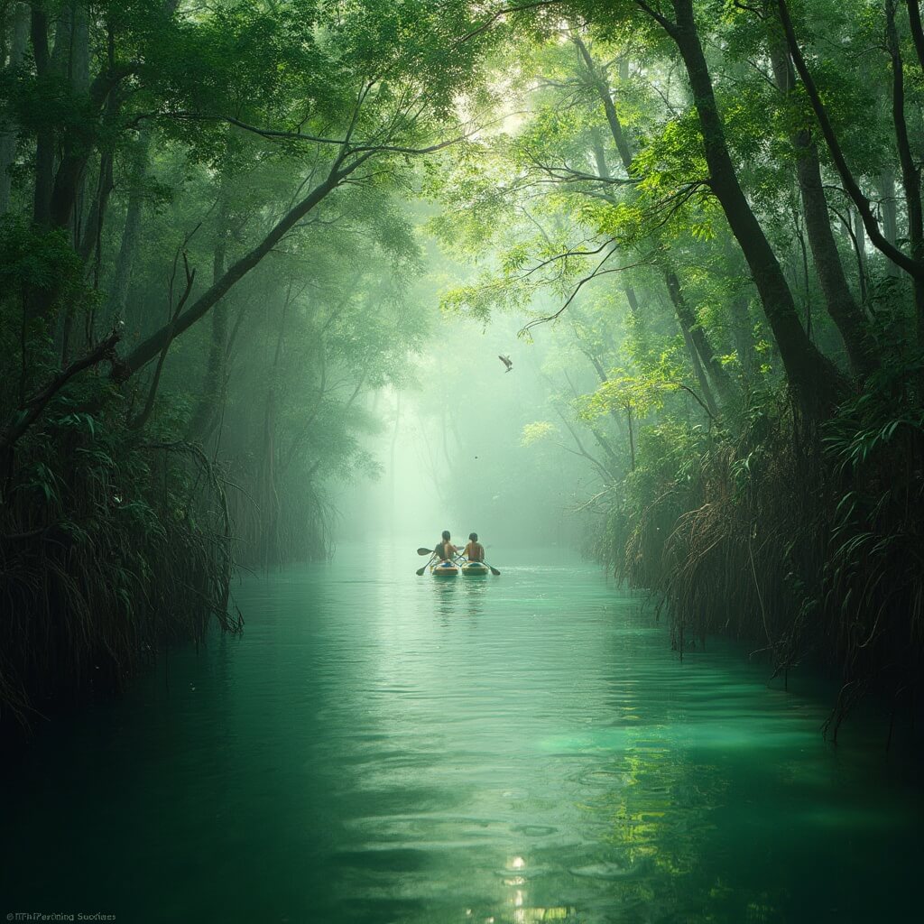 Kayakers navigating through dense mangrove tunnels at Merritt Island Wildlife Refuge with native birds on branches and morning mist over the water