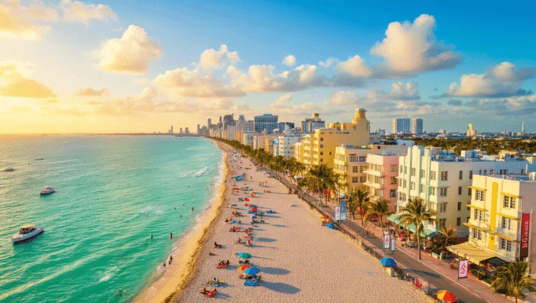 "Aerial view of South Beach Miami in December, showcasing Art Deco buildings, turquoise waters, golden beaches, colorful umbrellas, and boats with Art Basel banners"