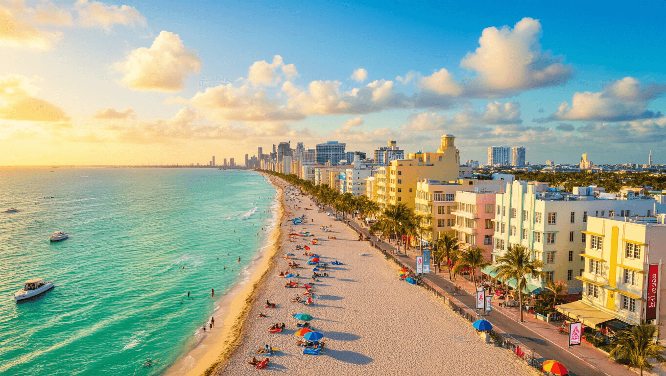 "Aerial view of South Beach Miami in December, showcasing Art Deco buildings, turquoise waters, golden beaches, colorful umbrellas, and boats with Art Basel banners"
