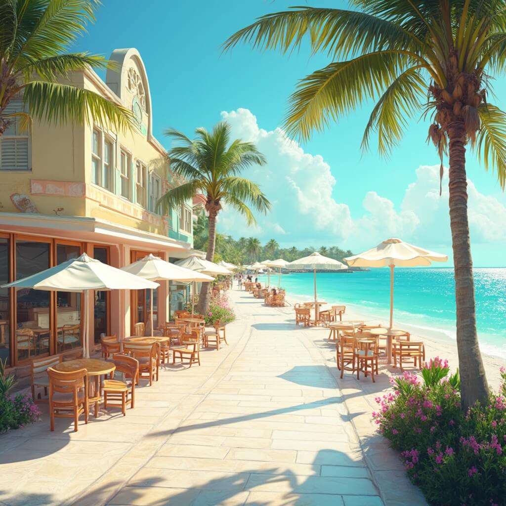 Art Deco buildings, palm trees, and white sand beach on Florida boardwalk with turquoise waters, beach umbrellas, and co-working cafes during golden hour.