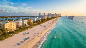 "Aerial view of South Beach Miami in November showcasing turquoise waters, white sandy beach with umbrellas, Art Deco buildings on Ocean Drive, palm trees, a moderately crowded beach, and cruise ships in the distance under a clear blue sky."