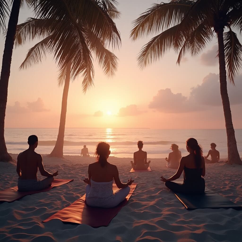 Miami Unveiled: 15 Mind-Blowing Experiences That'll Make Your Jaw Drop Silhouetted figures practicing yoga at sunrise at South Pointe Park, Miami Beach, with palm trees, gentle ocean waves and long shadows on the sand, in a pink and orange hues