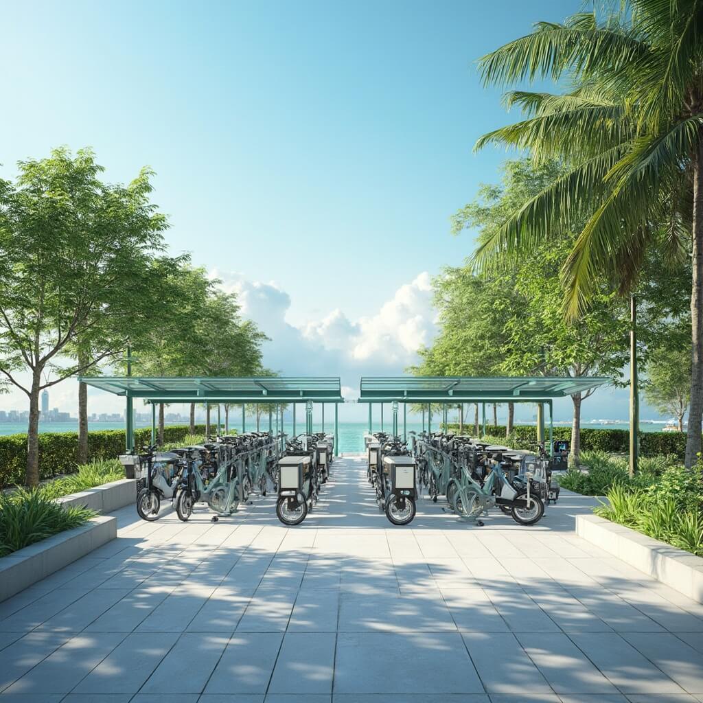 Eco-friendly bike rental area in Miami featuring modern electric bicycles, surrounded by lush tropical vegetation under a clear blue sky, exemplifying sustainable urban mobility