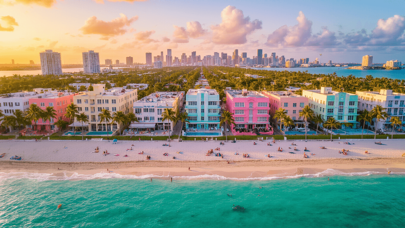 "Aerial view of Miami's South Beach with Art Deco buildings, crystalline waters, sandy beaches, and palm trees in foreground, Wynwood Walls and Little Havana's architecture in distance during golden hour"