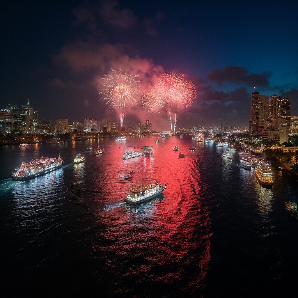 Why South Beach in December is Your Ultimate Winter Escape Illuminated boats participating in the Miami Beach Holiday Boat Parade on Biscayne Bay with lit up Miami skyline and fireworks in the background