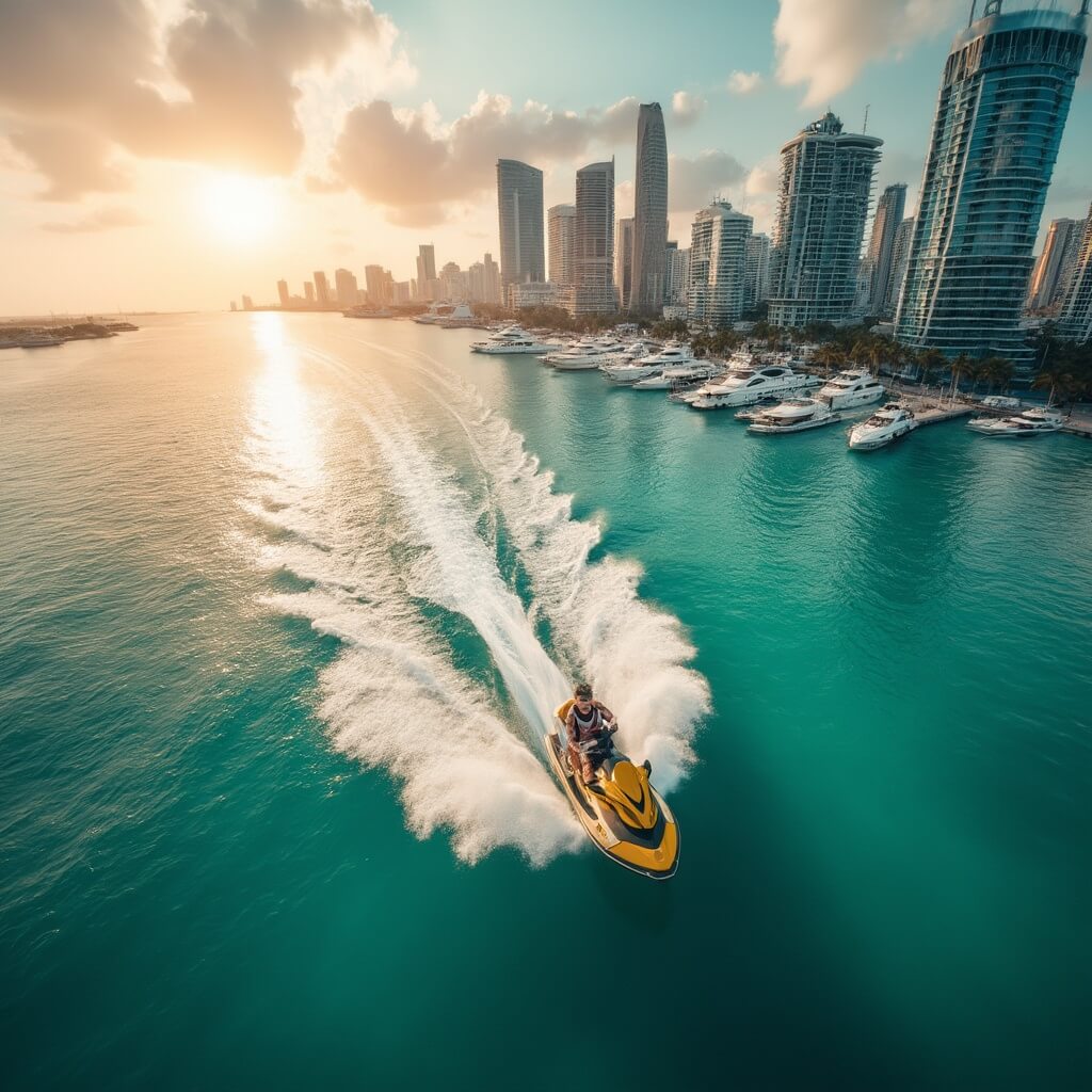 Miami Unveiled: 15 Mind-Blowing Experiences That'll Make Your Jaw Drop Person jet skiing in Biscayne Bay with Miami's skyline and luxury yachts in the background during sunset