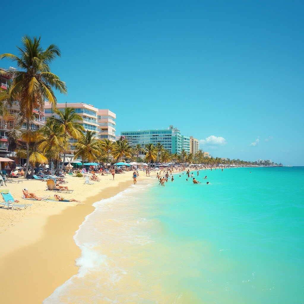 Why South Beach in December is Your Ultimate Winter Escape Sunbathers and swimmers enjoying a bright day at South Beach, with palm trees, clear blue waters, golden sands, and pastel Art Deco buildings along Ocean Drive in the background.