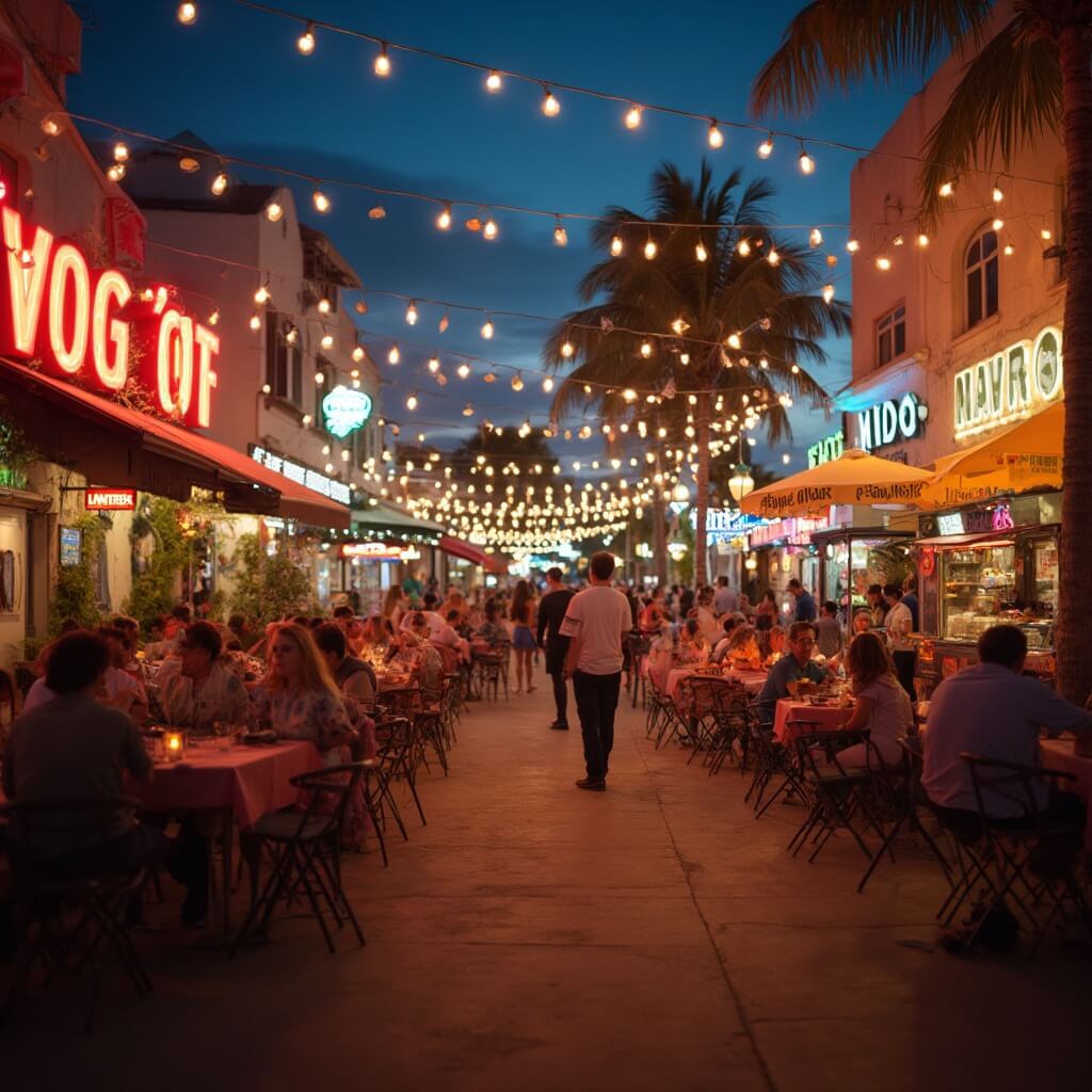 Lively evening street scene in South Beach with people dining outdoors under string lights, art deco buildings with neon signs, and a food truck serving global cuisine.