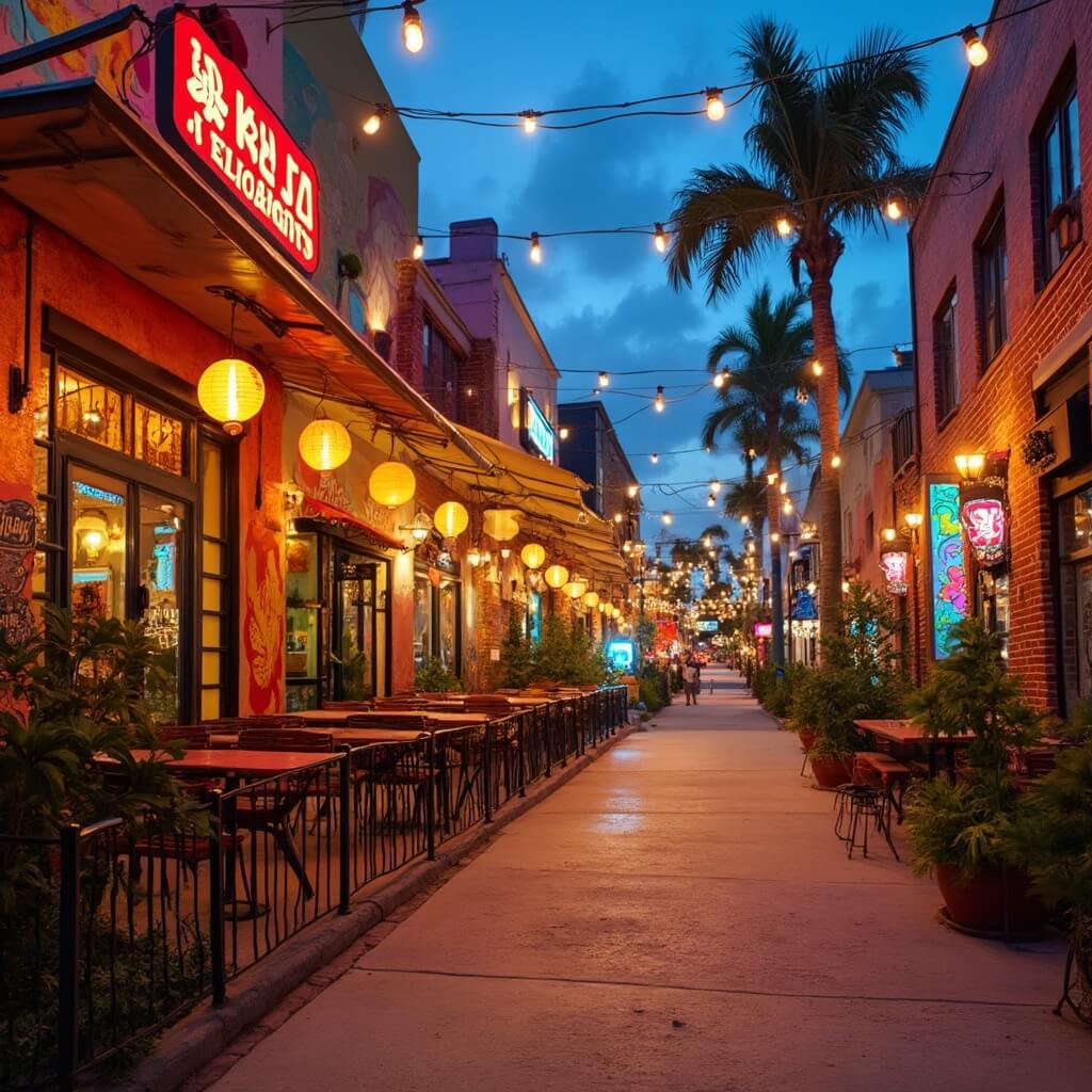 Colorful Asian restaurants with glowing lanterns, trendy murals, local art installations and outdoor dining areas in Orlando's Mills 50 District at dusk