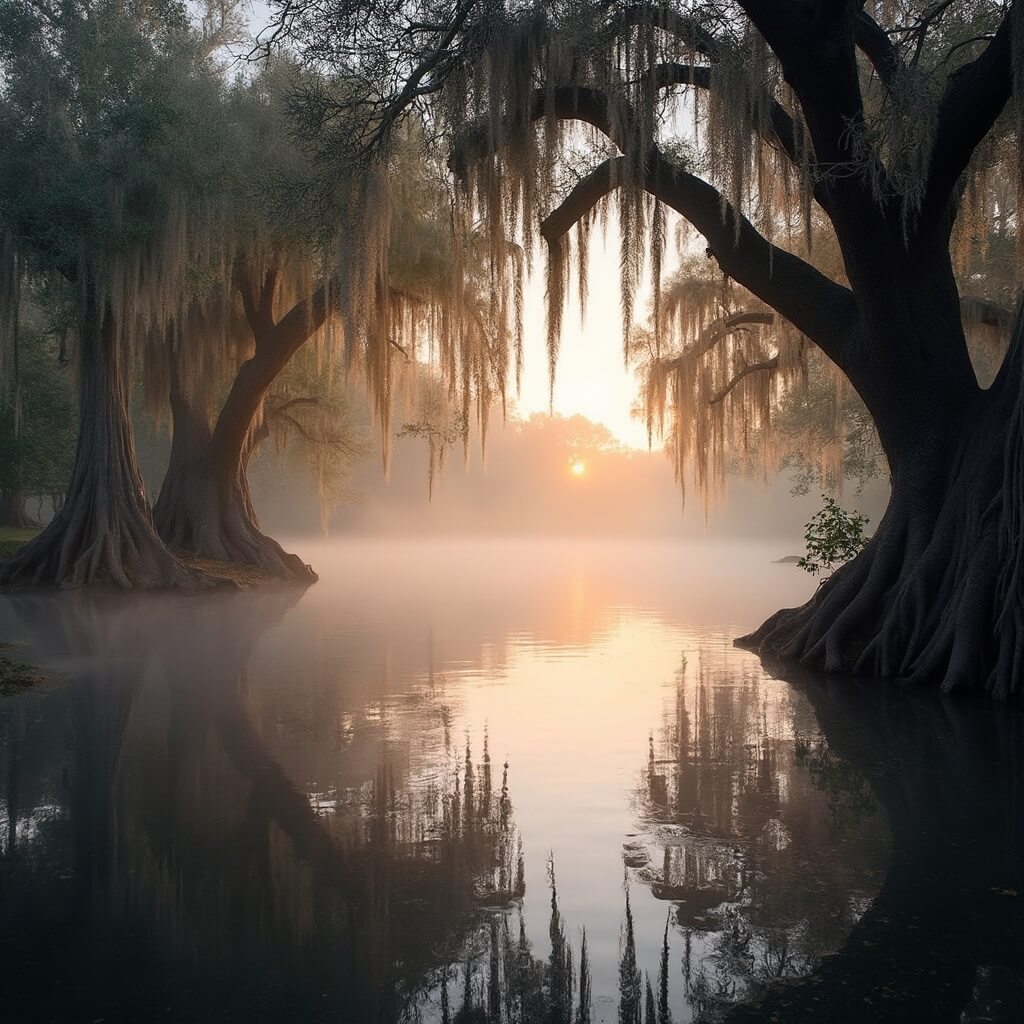 Sunrise at Lake Bradford with golden sunlight filtering through moss-draped oaks, mirror-like water reflections, mist over water, cypress trees at water's edge, and sky in soft pink, orange, and blue hues.